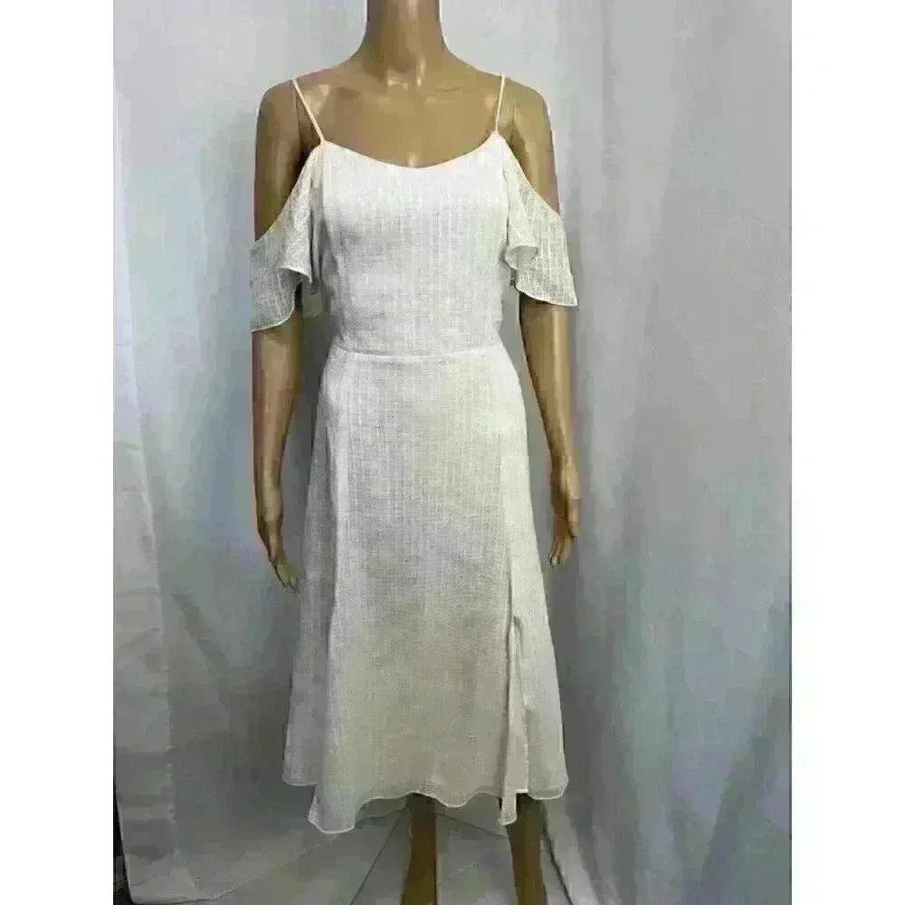 Halston Women's Cold Shoulder Midi‎ A-Line Dress Ivory Sz. 8 100% Cotton 163258